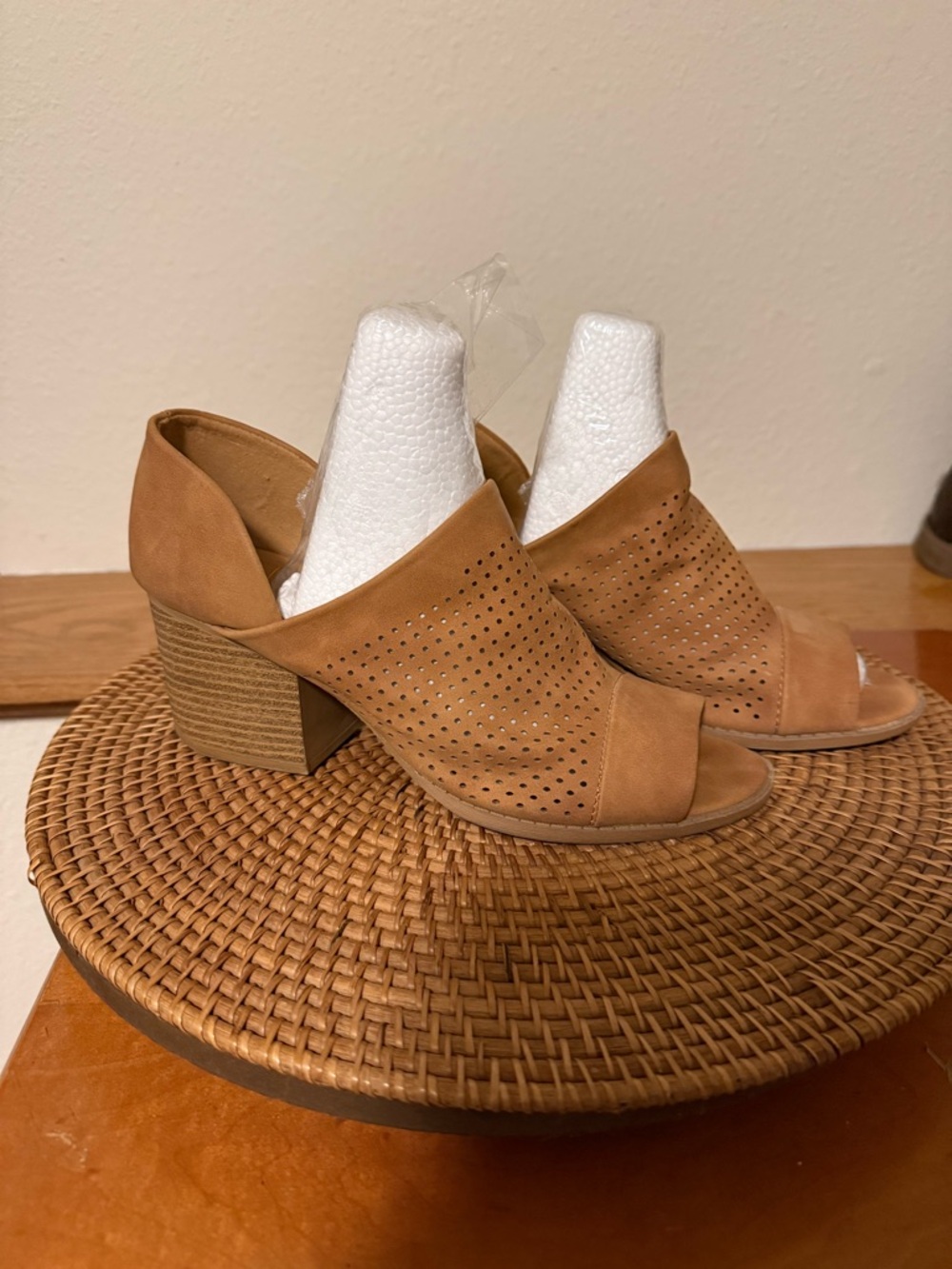 Qupid Tan Perforated‎ Peep-Toe Block Heel Sandals